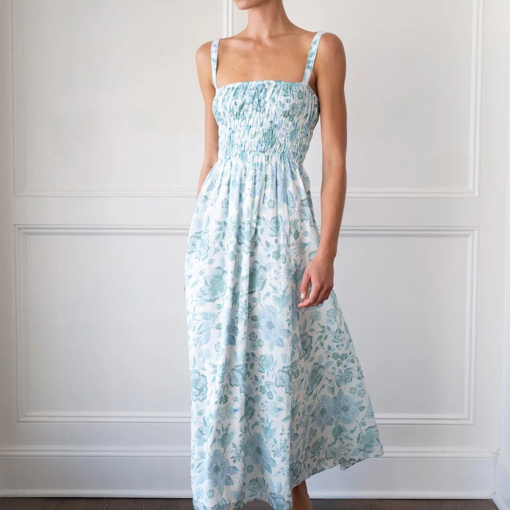Blue Ruched Smocked Midi Sundress